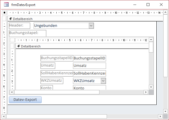 Entwurf des Formulars zum Steuern des Datev-Exports