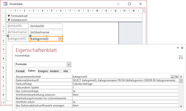 Formular mit gebundenem Kombinationsfeld
