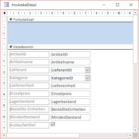 Entwurf des per Code erstellten Formulars zur Anzeige von Artikeln in der Detailansicht