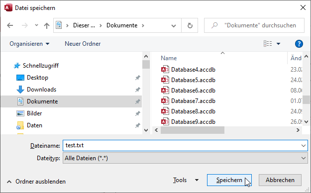 Der FileDialog mit msoFileDialogSaveAs erlaubt auch die Eingabe noch nicht vorhandener Dateinamen.