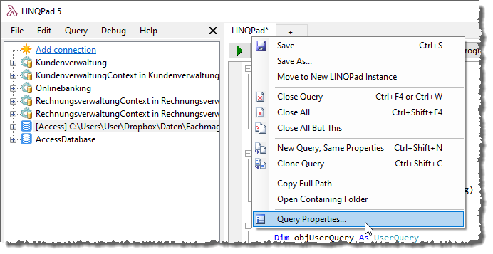 Aufrufen des Dialogs Query Properties per Kontextmenü