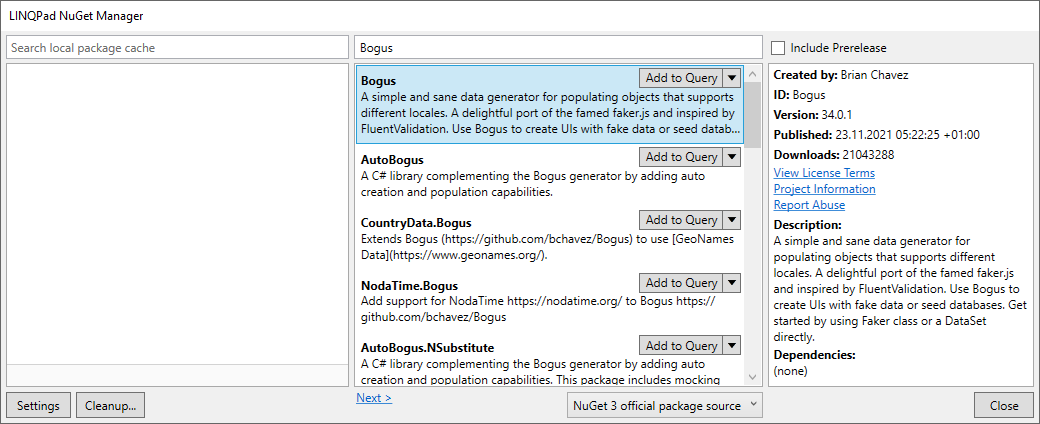 Hinzufügen des Bogus-Pakets