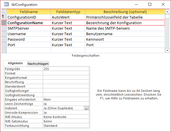 Tabelle zum Speichern der SMTP-Konfiguration