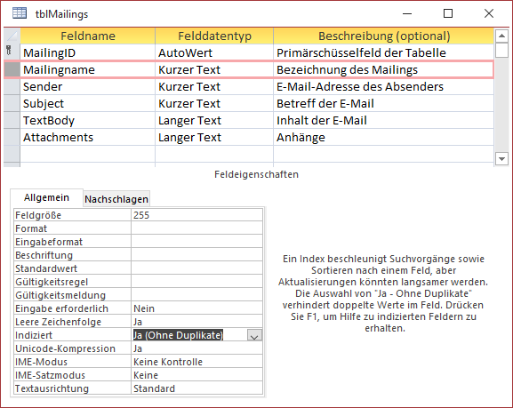 Tabelle zum Speichern der Daten eines Mailings