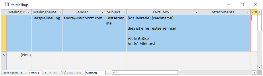 Tabelle zum Speichern der Daten eines Mailings mit Beispieldaten