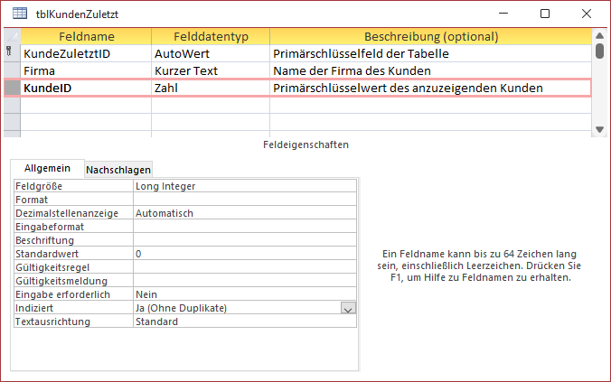 Entwurf der Tabelle tblKundenZuletzt