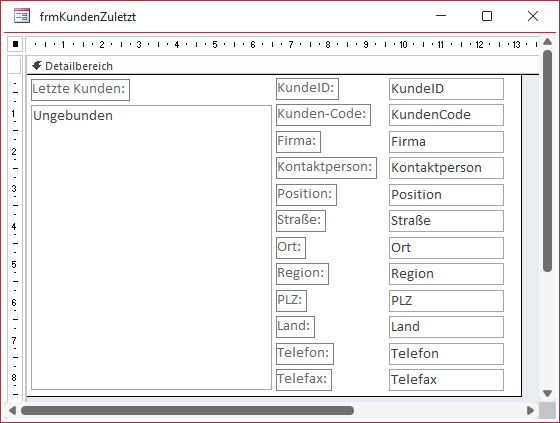Entwurf des Formulars frmKundenZuletzt mit Listenfeld