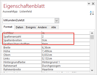 Einstellungen für die Spalten im Listenfeld