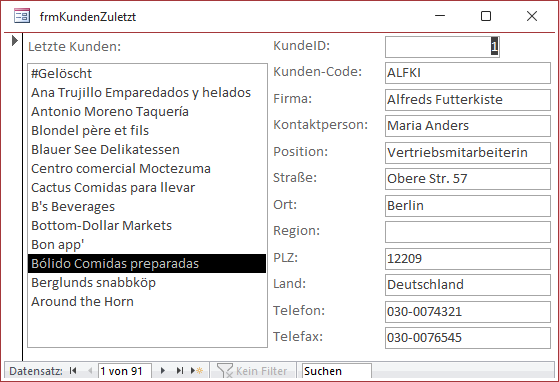 Die Anzeige der zuletzt geöffneten Datensätze