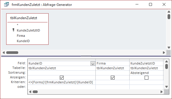 Anpassen der Datensatzherkunft des Listenfeldes so, dass es den aktuell angezeigten Datensatz nicht enthält.
