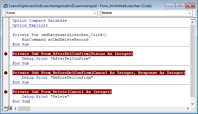 Die Löschen-Ereignisse im VBA-Editor