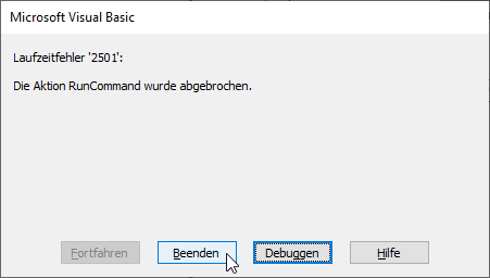 Fehler beim Abbruch von RunCommand acCmdDeleteRecord über die Standardrückfrage.