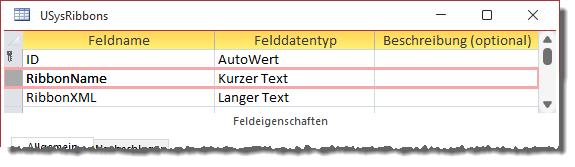Entwurf der Ribbontabelle USysRibbons