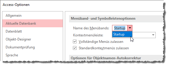 Einstellen des Ribbons, das beim Starten angezeigt werden soll