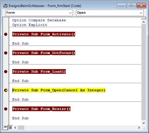Ermitteln der ersten Prozedur beim Öffnen eines Formulars