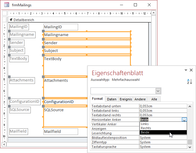 Das Formulars frmMailings in der Entwurfsansicht