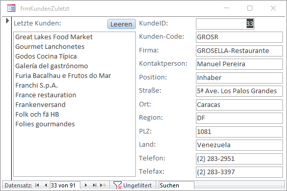 Die in diesem Formular zuletzt angezeigten Datensätze sollen auch per Ribbon angezeigt werden.