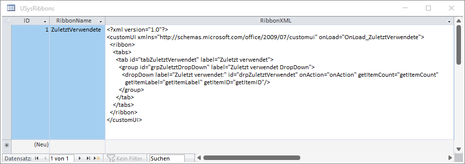 Die Tabelle USysRibbons mit der Ribbondefinition für die Anzeige der zuletzt angezeigten Datensätze im dropDown-Element