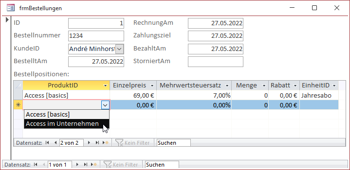 Formular zum Verwalten von Bestellungen und Bestellpositionen