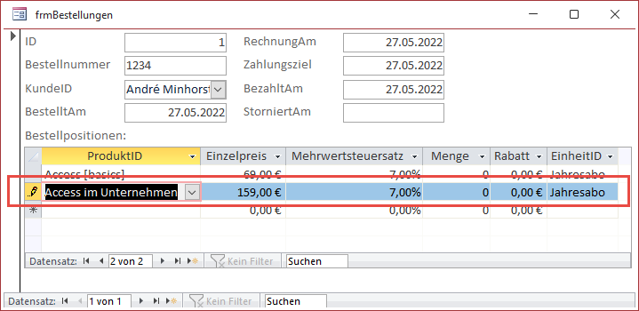 Ergänzte Daten einer Bestellposition