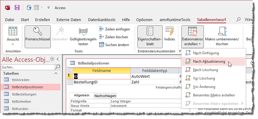Anlegen eines Datenmakros per Ribbonbefehl aus der Entwurfsansicht einer Tabelle