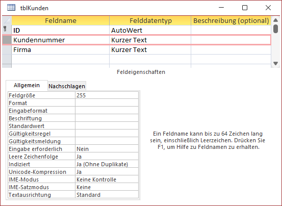 Einrichtung der Kundennummer als Feld mit einem eindeutigen Index