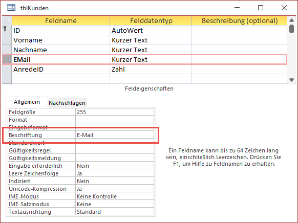 Zentrale Änderung der Beschriftung