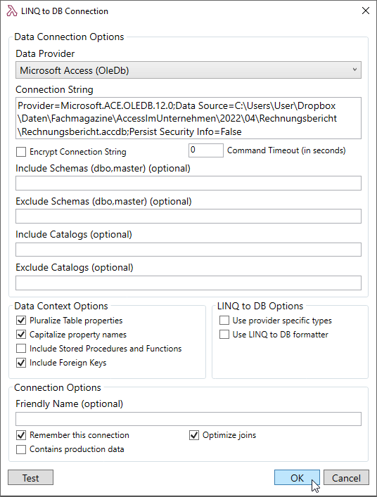 Verbindungseigenschaften für die Datenbank
