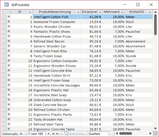 Die Tabelle tblProdukte mit Beispieldaten