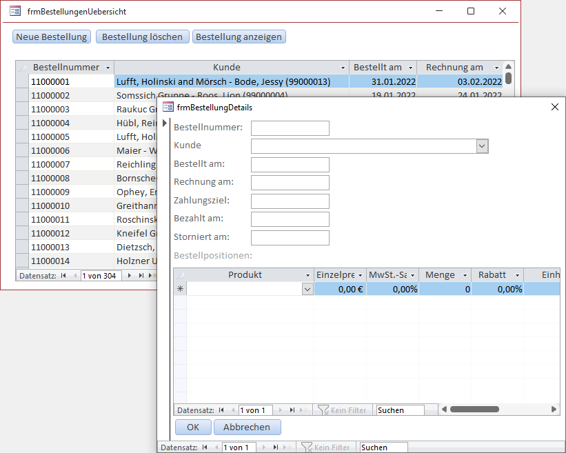 Anlegen einer neuen Bestellung vom Formular frmBestellungenUebersicht aus