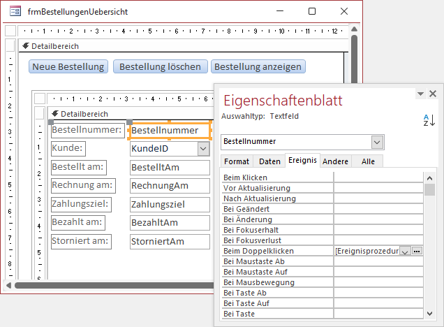 Anlegen einer Ereignisprozedur für den Doppelklick auf die Bestellnummer