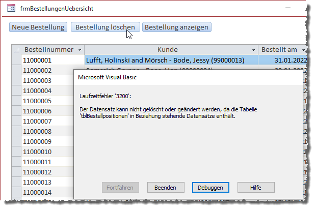 Fehler beim Versuch, eine Bestellung zu löschen, die bereits Bestellpositionen enthält