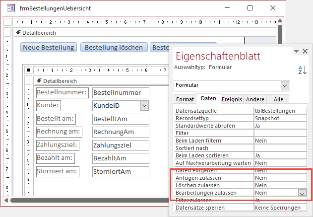 Sperren der Bearbeitung der Daten im Unterformular