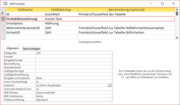 Die Tabelle tblProdukte