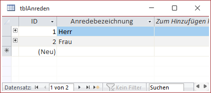 Die Tabelle tblAnreden in der Datenblattansicht