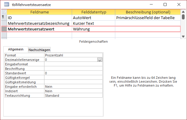 Die Tabelle tblMehrwertsteuersaetze in der Entwurfsansicht