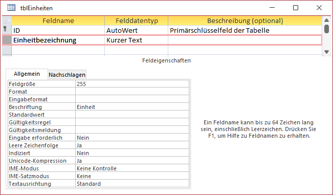 Die Tabelle tblEinheiten in der Entwurfsansicht