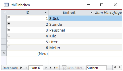 Die Tabelle tblEinheiten mit einigen Beispieldatensätzen