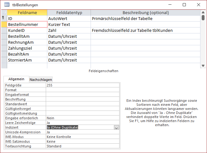 Die Tabelle tblBestellungen in der Entwurfsansicht