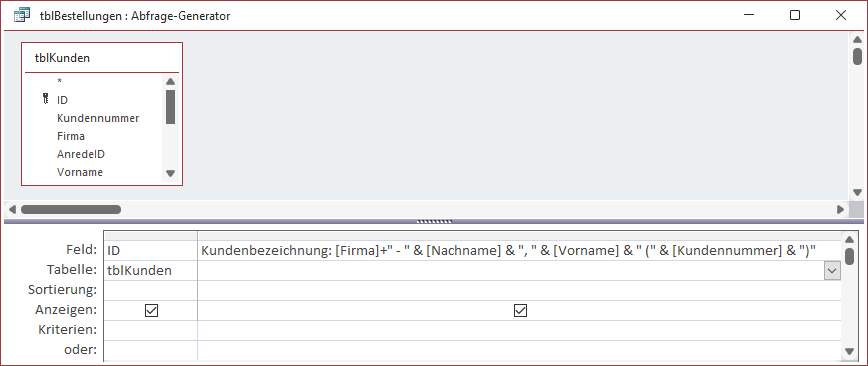 Datensatzherkunft für das Nachschlagefeld zur Auswahl des Kunden