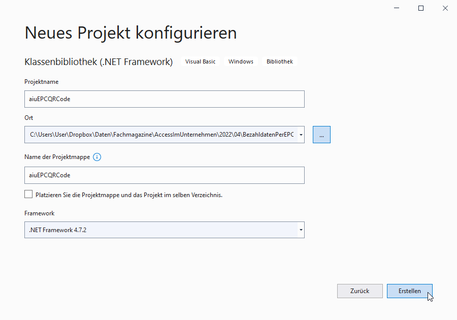 Eingabe von Zielordner und Projektname