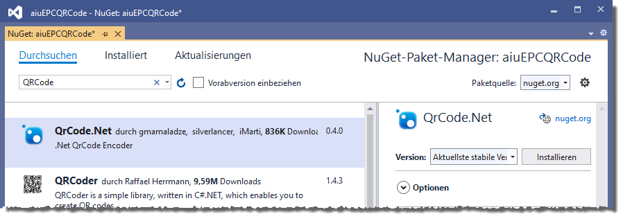Hinzufügen des NuGet-Pakets QrCode.Net