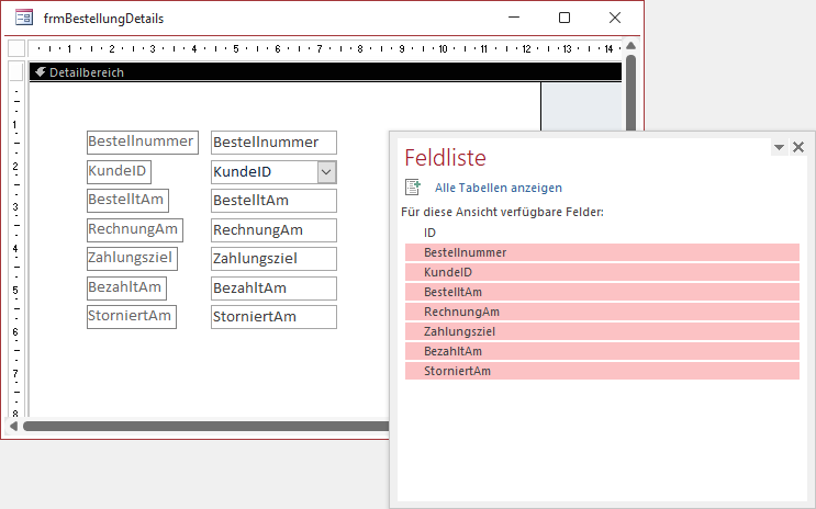 Das Formular frmBestellungDetails in der Entwurfsansicht
