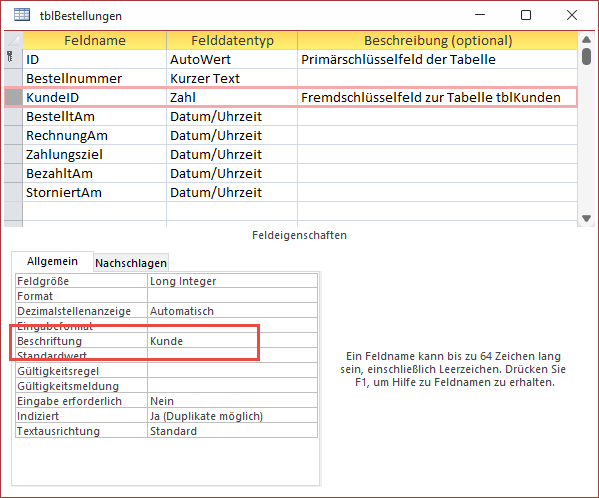 Voreinstellung für die Beschriftung von Feldern, auch in Formularen oder Berichten