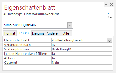Herstellen der Beziehung der Daten aus Haupt- und Unterformular