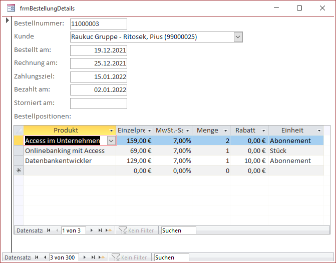 Haupt- und Unterformular in der Formularansicht