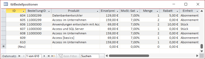 Bestellpositionen ohne BestellungID