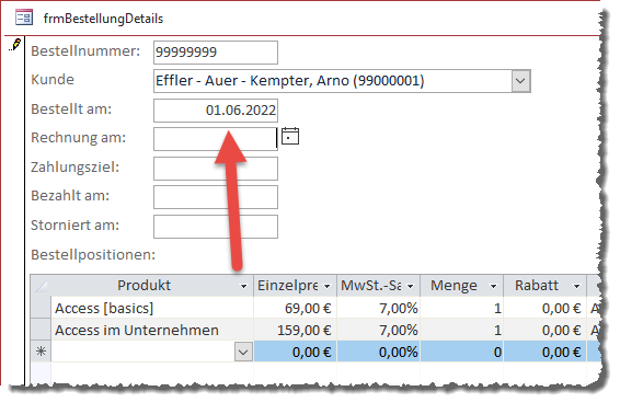 Eingabe der Bestelldaten nach den Bestellpositionen ...