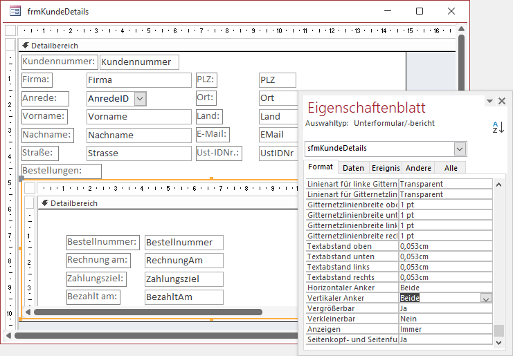 Das Hauptformular frmKundeDetails mit dem Unterformular