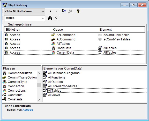 Finden von geeigneten Auflistungen für den Zugriff auf Tabellen und Abfragen